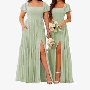 NWT Sage Green Tiered Bridesmaid Dress with flutter sleeves and pockets!